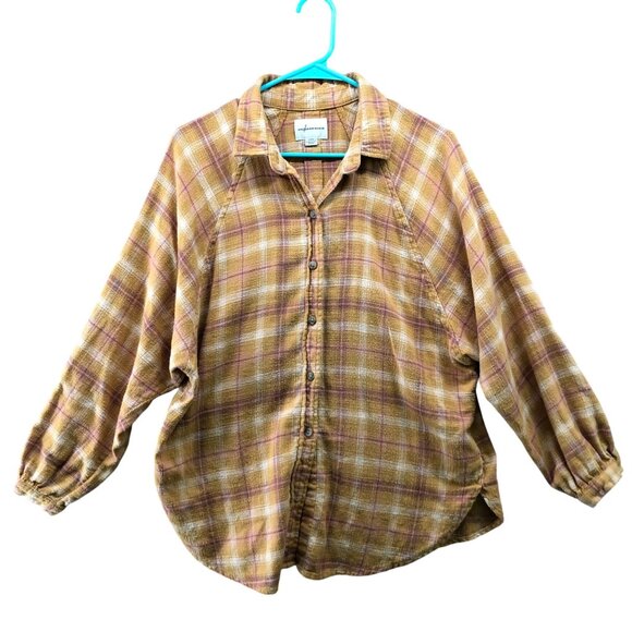 American Eagle Oversized Flannel Shirt Womens S Mustard Yellow Plaid Button Down - Picture 1 of 9